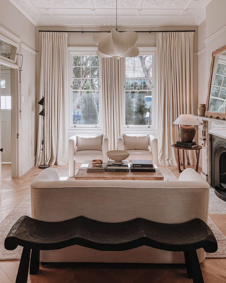Living room in Hannah Blackmore's Stanmore terrace with Loft Ivory curtains by drapeCo