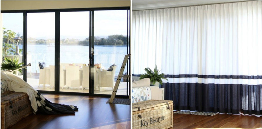 Before and after: Hayley Little's living room windows, bare and then dressed in custom curtains